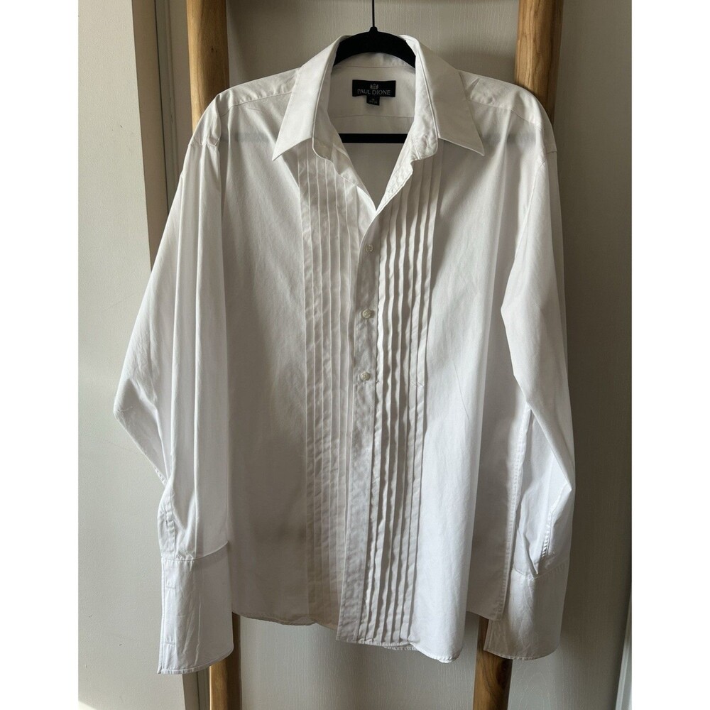 Paul Dione Men's White Pleated Front Cotton Dress Shirt 16 Neck 34/35 Sleeve